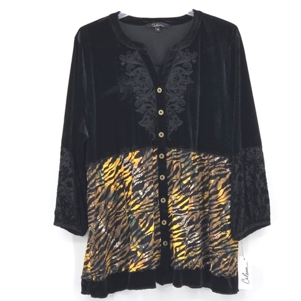 Calessa Button Up Down Tunic Top Womens Size 1X Embroidered Black Velvet Lagum